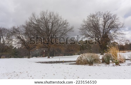 Cold, winter day with snow on the golf course