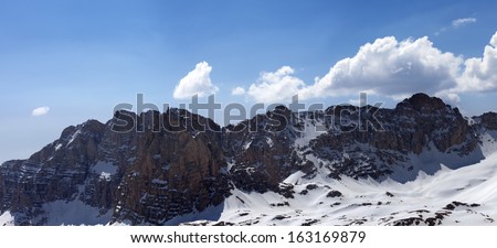 Panorama of snowy mountains in spring. Turkey, Central Taurus Mountains, Aladaglar (Anti-Taurus), plateau Edigel (Yedi Goller)