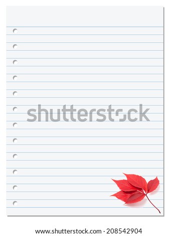 Notebook paper with red autumn virginia creeper leaf in corner. Back to school background