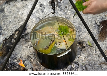 Cooking fish soup on the fire