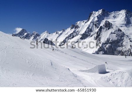 Snowboard park. Caucasus Mountains, ski resort Dombay.