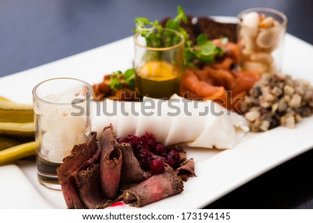 Snacks of vodka (choice of pickles, salmon, pork, roast beef, herring tartare and mushrooms)