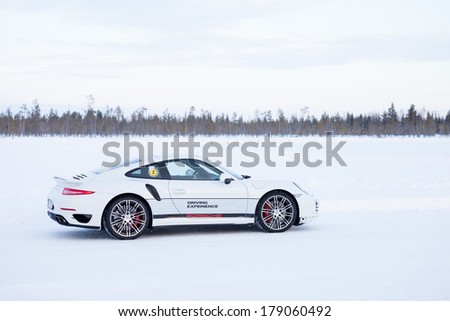 LEVI, FINLAND - FEB 20: a PORSCHE 911 TURBO car during Porsche Driving Experience Snow & Ice Press Event on February 20, 2014 in LEVI, FINLAND