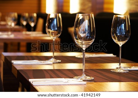 Wine glasses on a table in a restaurant