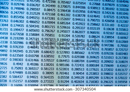 Random data as numbers captured from a laptop screen with blue/cold color tone