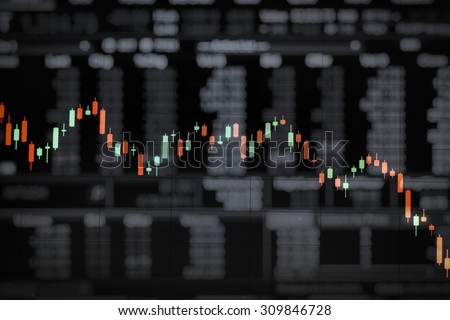 Candlestick graph overlaid on a black stock trading board with numerical data as a conceptual art for stock market situations