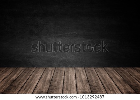Empty wooden floor with dark concrete wall background, For product display. for put product on shelves.