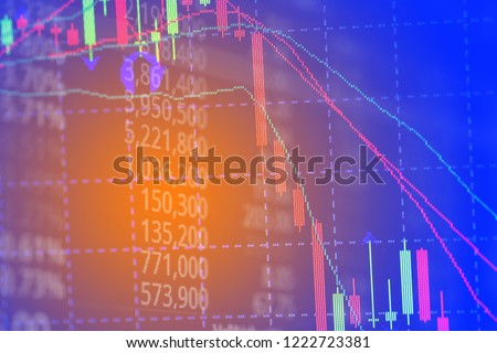 Double exposure of candle stick graph chart with indicator with stock market price screen background, stock exchange trading, investment and financial concept idea.
