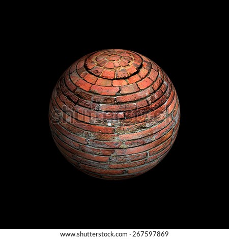 Ancient grunge red brick sphere with on black background.