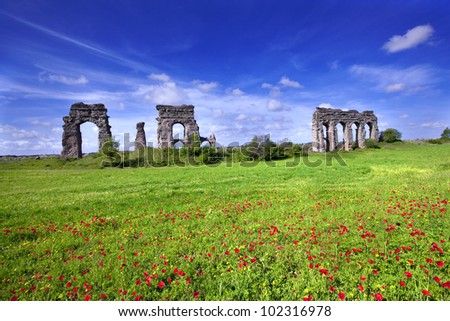 Landscape over the ancient Rome/Ancient Rome/An Italian landscape over the old Rome aqueduct