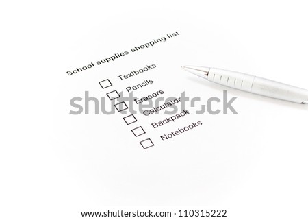 School supplies shopping list whit pen