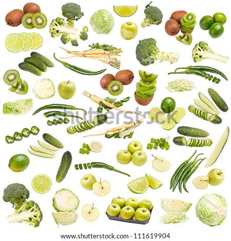 Green food collection isolated on white background