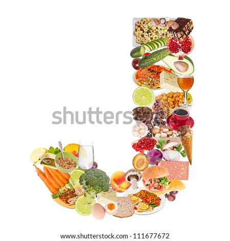 Letter J made of food isolated on white background