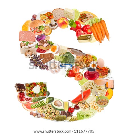 Letter S made of food isolated on white background