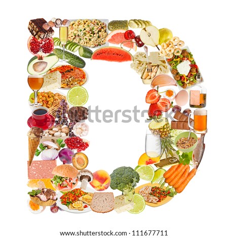 Letter D made of food isolated on white background