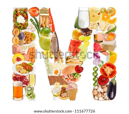 Letter M made of food isolated on white background