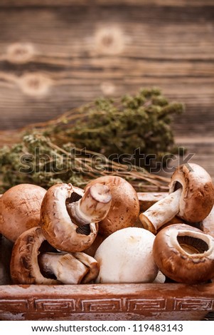 Brown mushrooms on rustic background