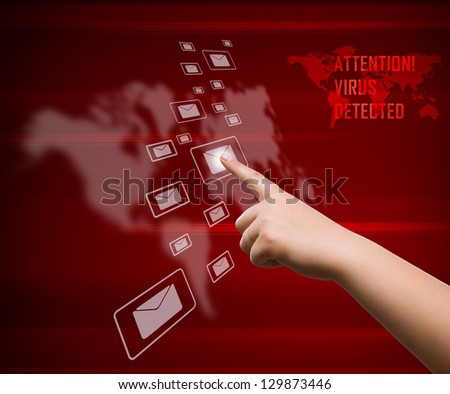 Hand pushing email icon on a touch screen interface