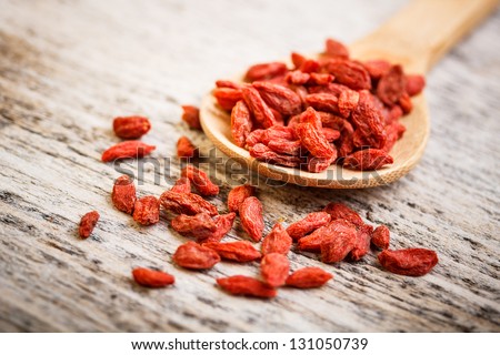 Wooden tablespoon of dried goji berries