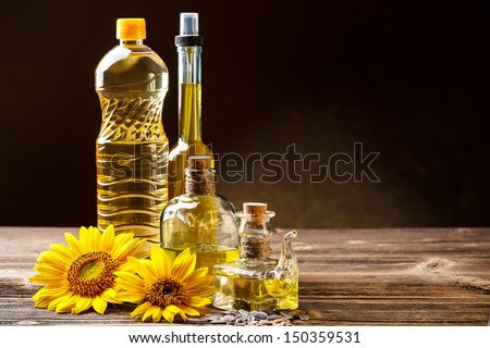 Various types of edible oils in bottles