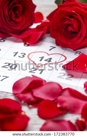 Valentines Day concept with calendar and rose