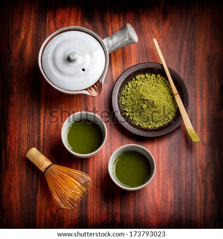 Japanese traditional tea set with powdered green tea