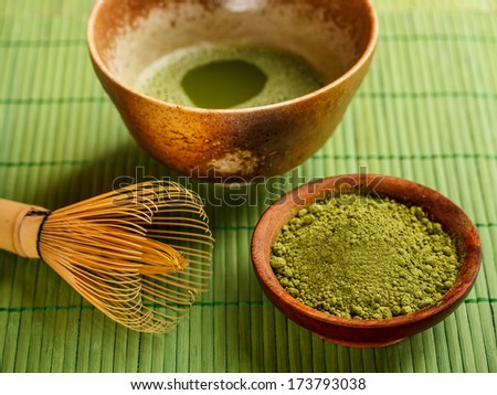 Japanese tea ceremony, Matcha on green bamboo tablecloth