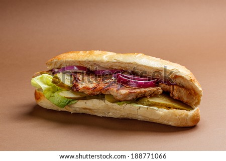 Meat sandwich with onion on brown background