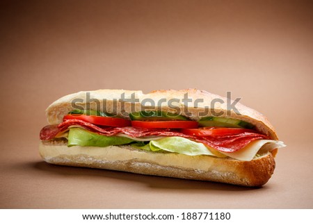 Salami sandwich on brown background