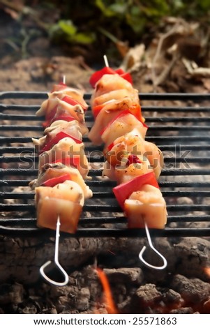 barbecue sticks with meat and vegetables on grill close up
