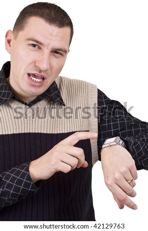 Businessman is angry, because somebody is not on time Isolated on white.