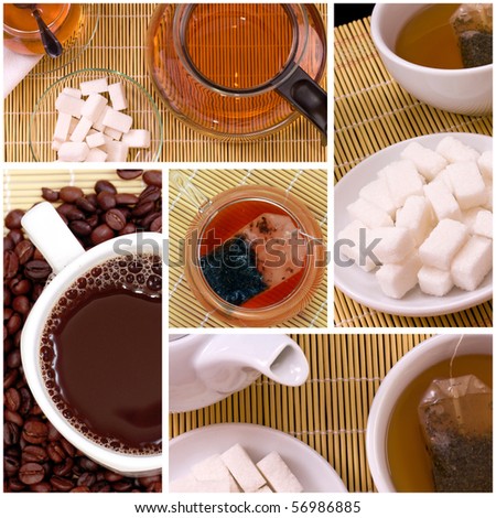 Collage of tea anf coffee drink related pictures made from five images