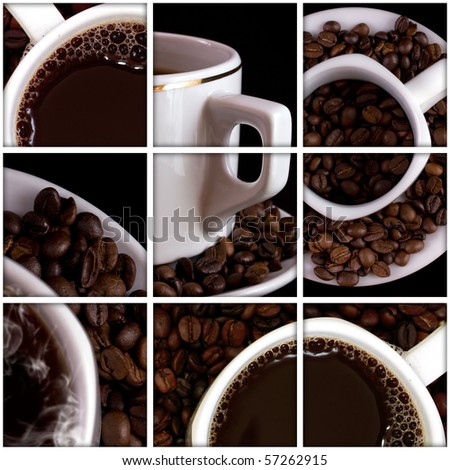 Collage of tea anf coffee drink related pictures made from five images