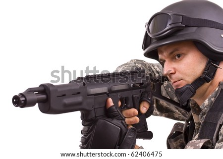 military soldier running up to enemy, isolated in white