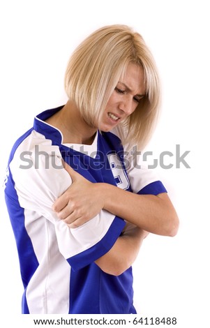 Female Handball Player Holding On Arm, Isolated In White Stock