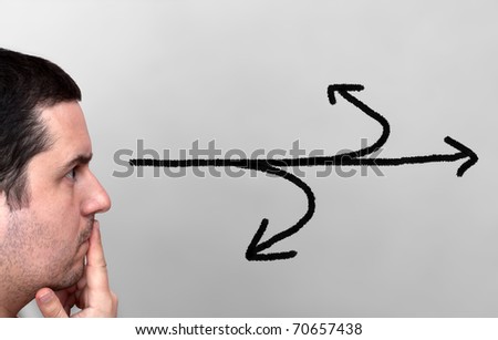Young male thinking with arrows coming from head - decisions and choices concept