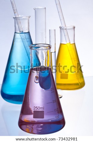 chemical laboratory glassware equipment with color liquid