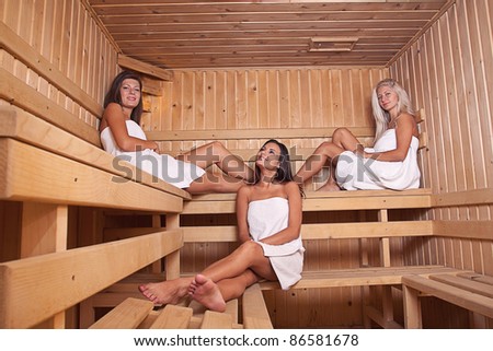 stock photo Three women enjoying a hot sauna having a casual chat