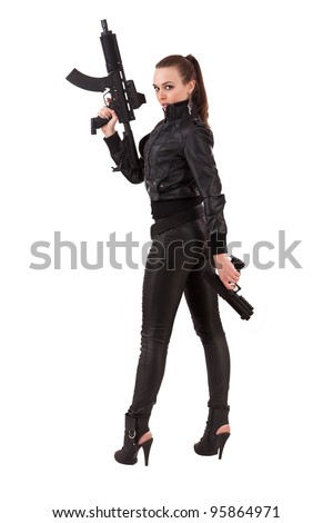 Sexy Poses on Shot Of A Beautiful Woman Posing With A Guns Stock Photo 95864971