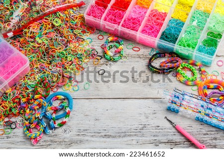 Colorful elastic loom bands with band loom, bracelets, tools and hobby box