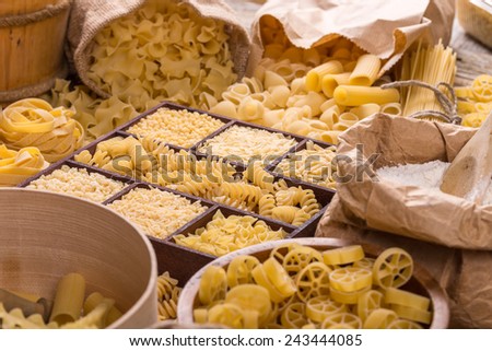 Various pasta types in the wooden box