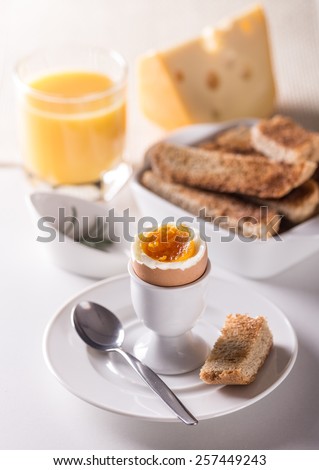 Tasty cooked breakfast of a boiled egg served in an egg cup