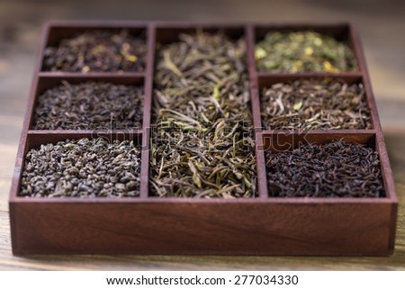 Assortment of dry tea in crate