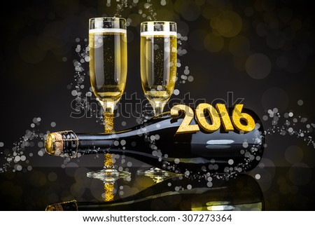 Glasses of champagne and bottle with festive background