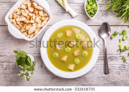 Top view of classic leek and potato soup
