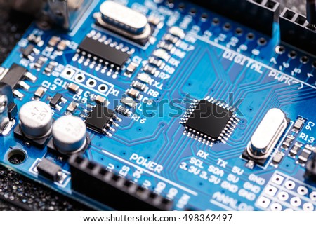 Integrated semiconductor microchip/ microprocessor on blue circuit board