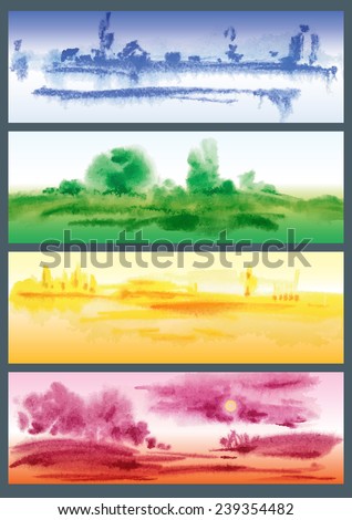 Four Seasons. Watercolor landscapes vector set.