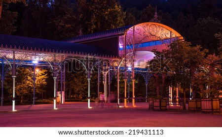 KUDOWA ZDROJ, POLAND - August 06, 2014: Spa gardens,concert hall and promenade by night