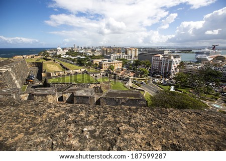 SAN JUAN - January 23: Panorama of Old San Juan and a cruise ship port, Puerto Rico on January 23, 2014. View from Castillo San Felipe del Morro, a San Juan National Historic Site.