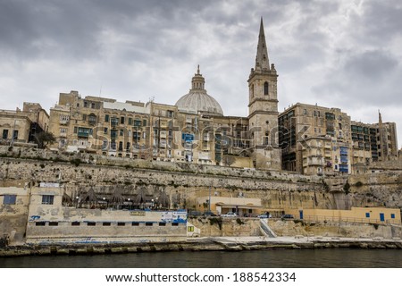VALLETTA, MALTA - MARCH 21: View of the maltese capital from boat tour of Grand Harbour  on March 21 in Valletta, Malta.
